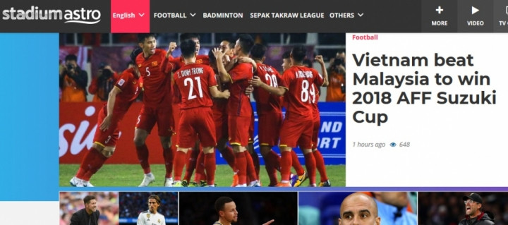 Stadium Astro cũng đưa tin về chức vô địch AFF Cup 2018 của Việt Nam