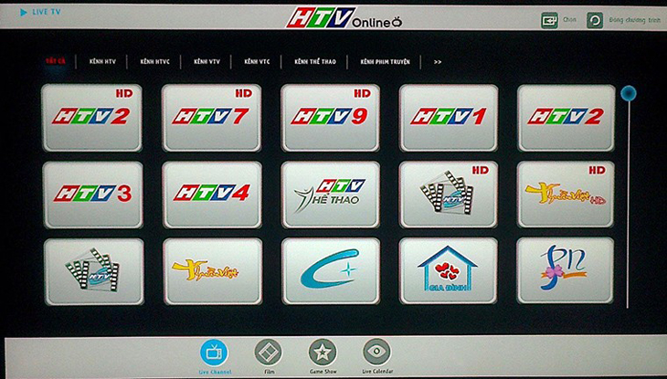 Giao diện ứng dụng HTV Online trên Tivi Sony