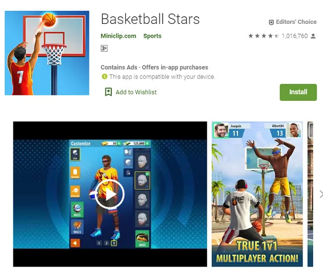 Trận đấu 1v1 kịch tính trong sân đấu của game Basketball Stars