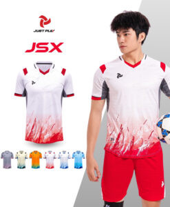 Trang phục đá bóng nữ Just Play JSX màu trắng đỏ