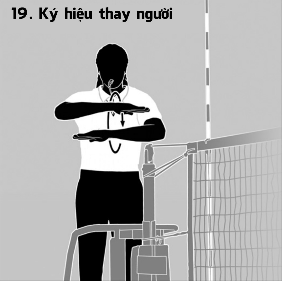 Trọng tài ra ký hiệu tạm dừng trận đấu theo quy định luật thay người trong bóng chuyền