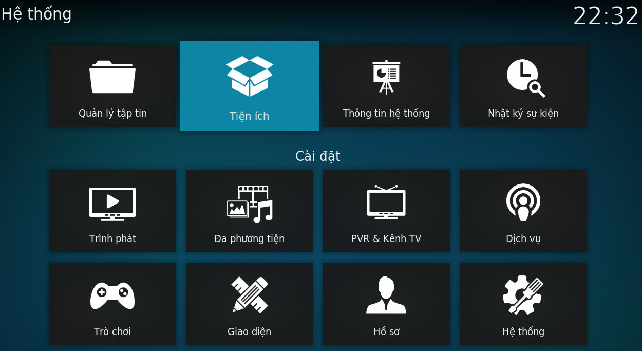 Truy cập mục Tiện ích trong Kodi để cài đặt các add-on xem bóng đá