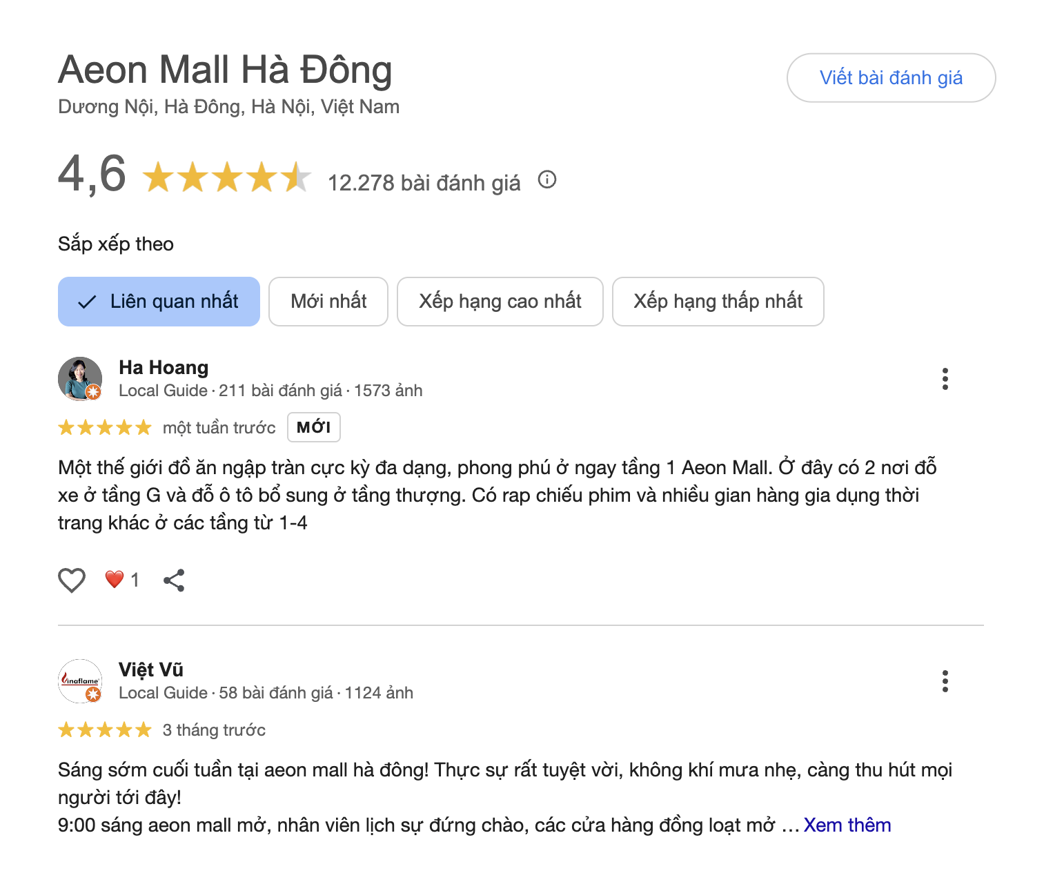 Đánh giá của du khách về trải nghiệm mua sắm, vui chơi tại Aeon Mall Hà Đông