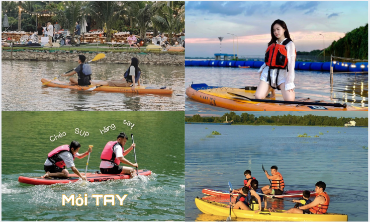 Du khách tận hưởng chèo SUP tại Riverside Glamping Sài Gòn ven sông