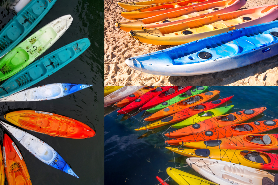 Các loại thuyền Kayak khác nhau, minh họa sự đa dạng trong thiết kế và mục đích chèo Kayak
