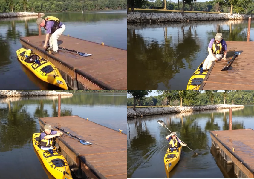 Minh họa cách xuống thuyền Kayak từ cầu tàu, cần giữ thăng bằng tốt