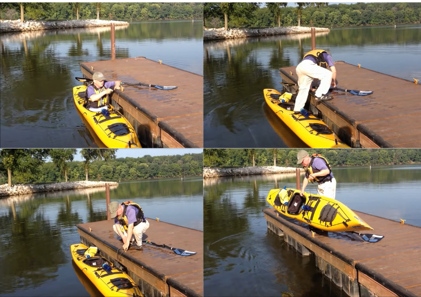 Minh họa cách rời thuyền Kayak từ cầu tàu, cần sự cẩn trọng và giữ ổn định