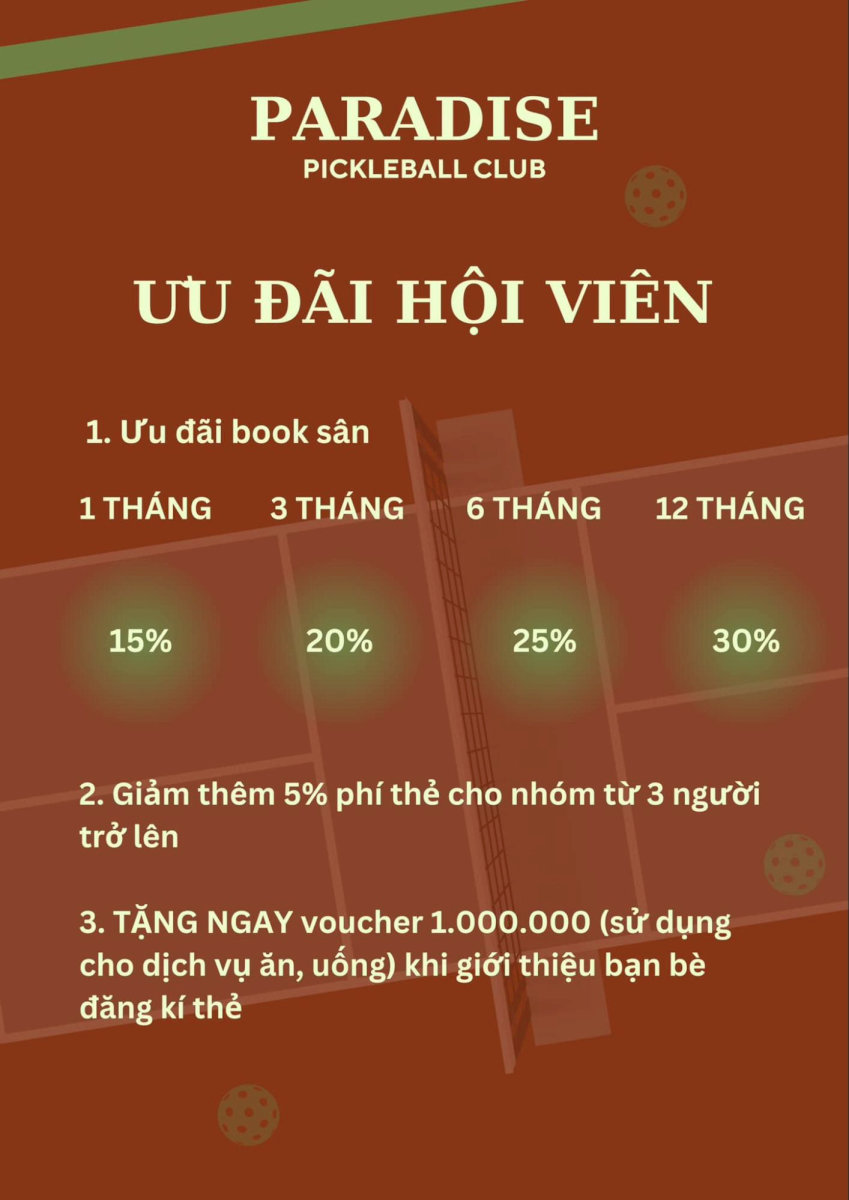 Mô tả các chương trình ưu đãi, giảm giá đặc biệt dành cho hội viên thân thiết của Paradise Pickleball Club.