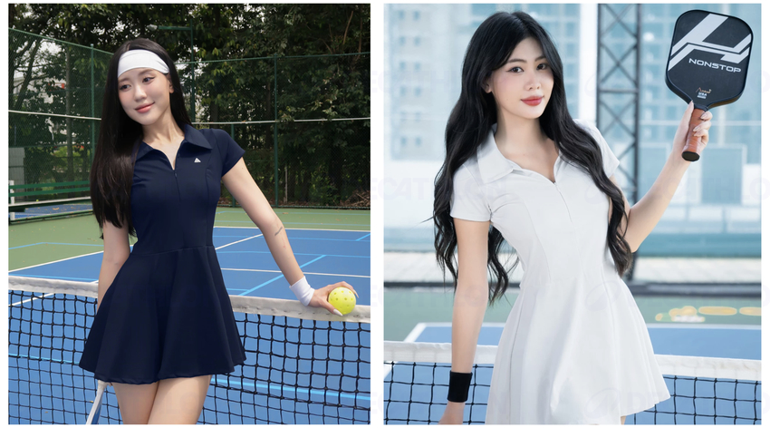 Váy polo ngắn tay có cổ dáng váy xòe nhẹ có 2 màu đen/xanh navy, váy xòe pickleball nữ