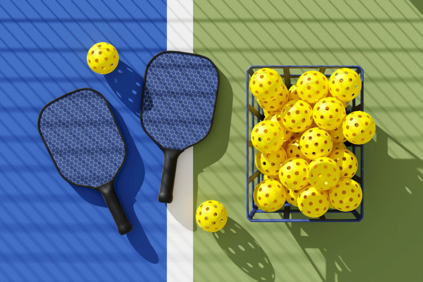 Dụng cụ Pickleball: Vợt paddle và bóng nhựa có lỗ đặc trưng